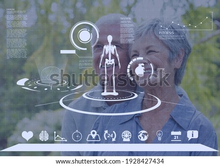 Scientific data processing with human skeleton and scope scanning over happy senior couple. global medicine science and technology concept digitally generated image.