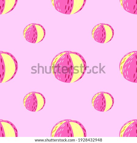 Bright summer seamless pattern with pink and yellow colored beach balls elements. Pastel background. Flat vector print for textile, fabric, giftwrap, wallpapers. Endless illustration.