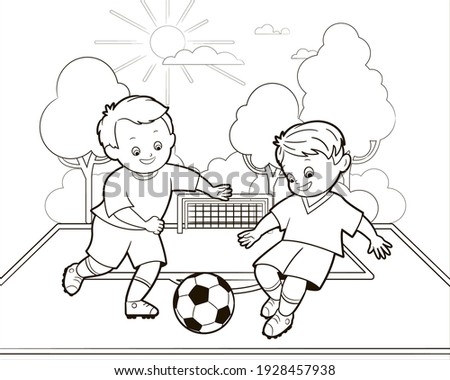 Coloring book: two boys, future football players play with a ball against the background of a football field. Vector illustration in cartoon style, isolated black and white line art