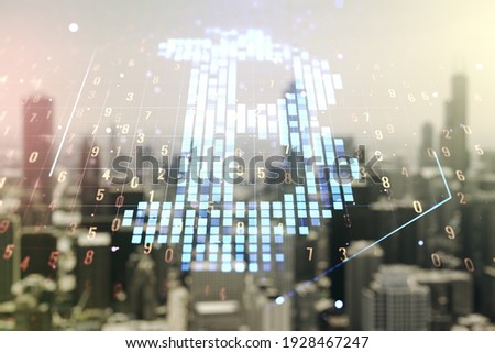 Virtual Bitcoin hologram on blurry skyline background. Multiexposure