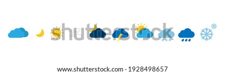 Weather icons. Weather forecast. Contains symbols of the sun, clouds, snowflakes, wind, moon, rain  Royalty-Free Stock Photo #1928498657