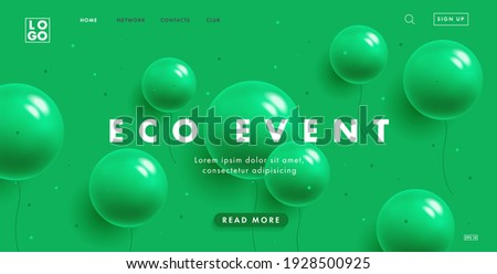 Ecology event website banner with green background and festive green balloons, stylish digital invitation, presentation cover
