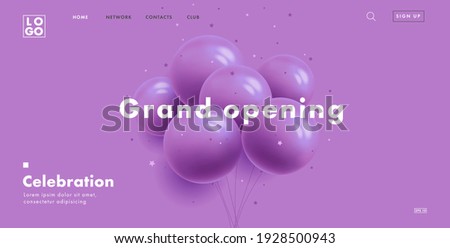 grand opening web banner with bunch of round purple air balloons on purple background, modern style landing page design with interface elements