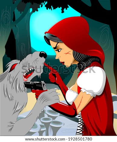 A girl in a red cloak met a terrible wolf in the forest
