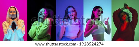 Collage of portraits of young emotional people on multicolored background in neon. Concept of human emotions, facial expression, sales. Nice sign, dancing, smiling, pretty cute. Flyer for ad, offer