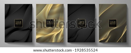 Technology cover background design set. Luxury line pattern (guilloche curves) in premium black, gold. Vector tech backdrop for business layout, digital certificate, formal brochure template, network Royalty-Free Stock Photo #1928535524
