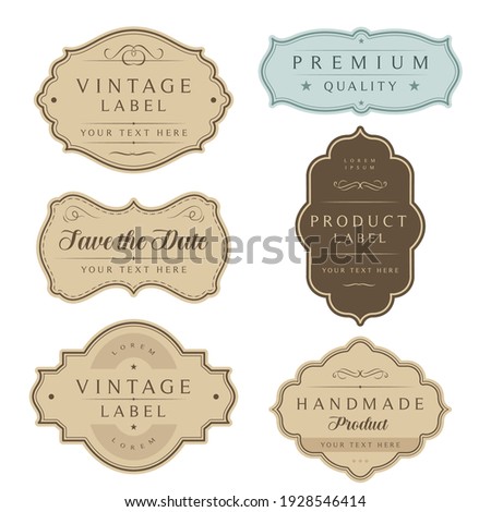 Vintage labels and tag frames set. Ornamental traditional labels for wedding card, handmade or organic product packaging, premium quality, save the date. Royalty-Free Stock Photo #1928546414