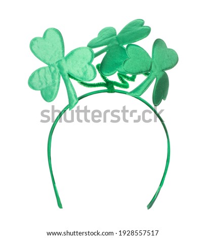 Stylish headband with green clover leaves isolated on white. Saint Patrick's Day accessory