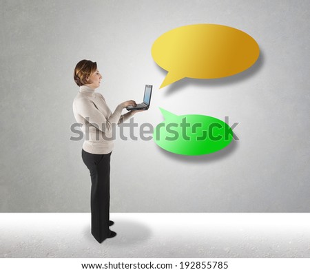 Woman at computer chatting on complex backgrond