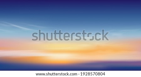 Sunset sky in evening with orange, yellow and purple colour, Dramatic twilight landscape duck sky with blue colour,Vector horizon banner of sunrise for Spring or Summer background, Panorama natural 