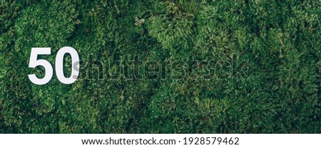 Green grass, digit fifty. Birthday greeting card with inscription 50. Anniversary concept. Banner. Top view. White numeral on eco moss background. Numerical digit, Celebration event, template, flyer.