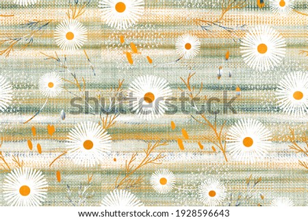 Imprints blooming white, orange, green, seamless pattern. Digital lines hand drawn picture with watercolour texture. Mixed media artwork. Endless motif for textile decor and natural design.