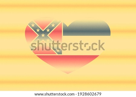 Abstract flag of Mississippi (USA State) in grunge heart shaped. Pastel background. Grain.