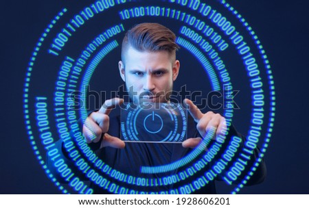 Man on dark virtual reality background uses futuristic smartphone with transparent display. Future technology, innovative ideas concept. Futuristic holographic interface to display data.