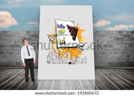 Composite image of businessman looking up against white card