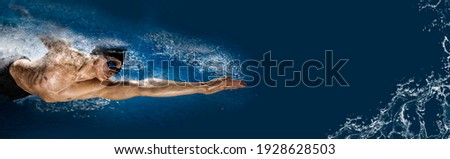 Swimmer on dark background. Sports banner. Horizontal copy space background Royalty-Free Stock Photo #1928628503