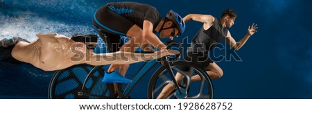 Triathlon sport collage. Man running, swimming, biking for competition race Royalty-Free Stock Photo #1928628752