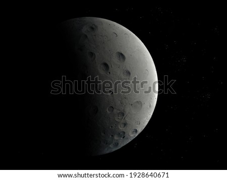 Stone planet covered with craters in deep space. Dark planet with a solid surface.