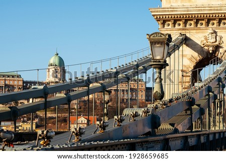 The Chain bridge before the renovation works begin. The oldest bridge in Hungary which famous tourist attraction Rusted, poor condition but renewing in 2021 Royalty-Free Stock Photo #1928659685
