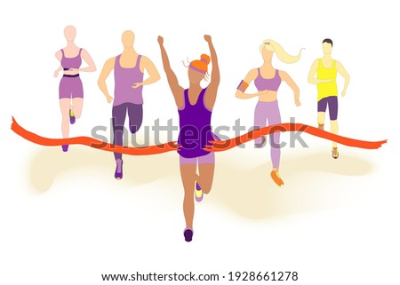 Happy women Running in Front of Group of People and Crossing the red ribbon on the finish. Illustration of the Marathon Runners or Concept of the Goal Reaching.