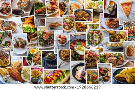 Collage of lots of popular worldwide dinner foods and appetizers Royalty-Free Stock Photo #1928666219