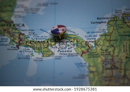 Panama City pinned on a map with the flag of Panama