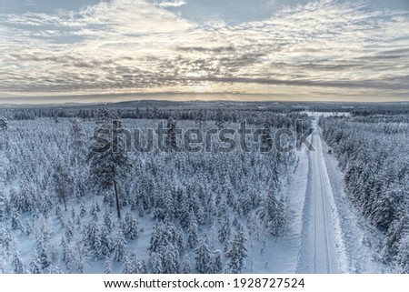 HDR drone shot of Swedish forest and road in winter.