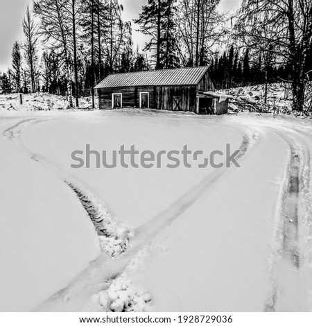 Snow tracks in front of barn in northern Sweden.
