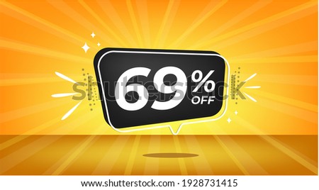 69% off. Yellow banner with sixty-nine percent discount on a black balloon for mega big sales.