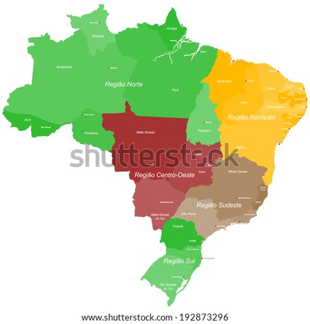 A large, detailed map of Brazil with all regions and main cities. Royalty-Free Stock Photo #192873296