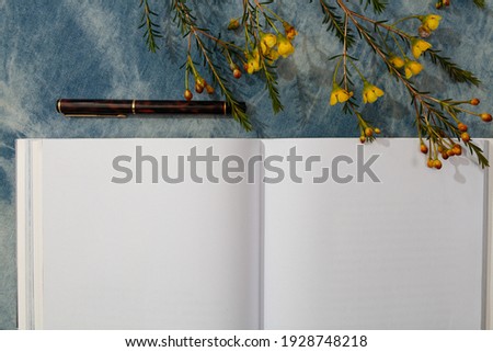 Open book and pen on the blue cloth.