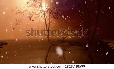 Snowing in foggy trees reflected in water 3d illustration