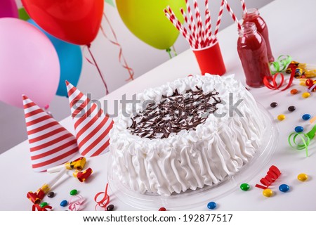 Celebration Cake With Bunch Of Balloons And Birthday Decoration