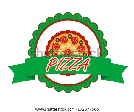 Pizza label, banner or emblem with a green rosette and ribbon banner containing the word - Pizza - surrounding a salami or pepperoni pizza