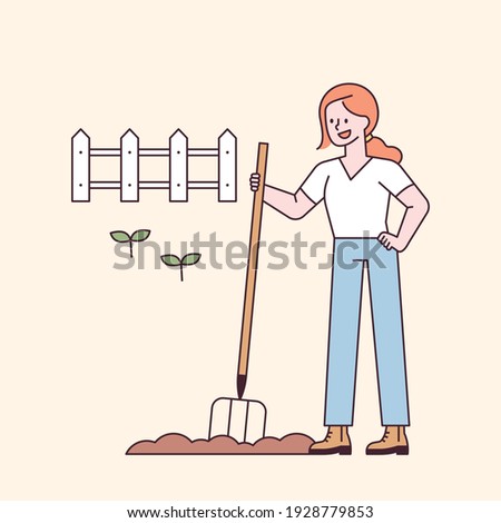 A woman is picking the land with farm equipment. flat design style minimal vector illustration.