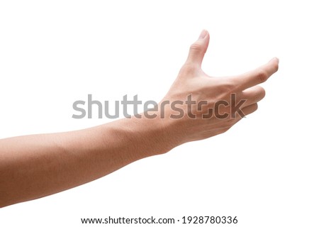Close up male hand holding something like a bottle or can isolated on white background with clipping path. Royalty-Free Stock Photo #1928780336