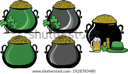 At the end of every rainbow is a pot of gold.  This piece of clip art features a several unique pot of gold designs in black and green. 