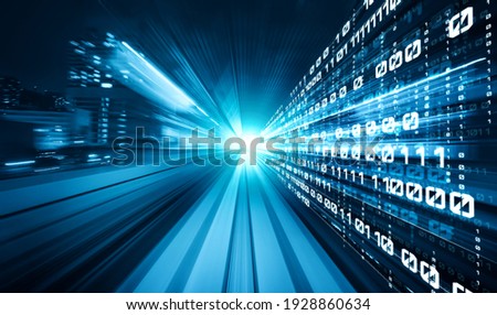 Digital data flow on road with motion blur to create vision of fast speed transfer . Concept of future digital transformation , disruptive innovation and agile business methodology . Royalty-Free Stock Photo #1928860634