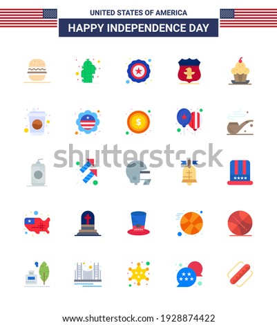 USA Independence Day Flat Set of 25 USA Pictograms of muffin; cake; police; security; usa Editable USA Day Vector Design Elements
