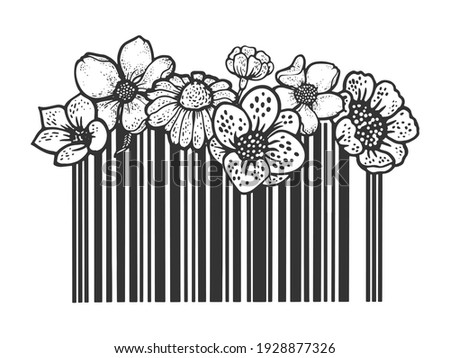 Barcode with flowers sketch engraving vector illustration. T-shirt apparel print design. Scratch board imitation. Black and white hand drawn image.