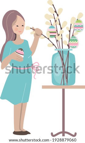 Young woman decorating pussy willow branches for Easter holiday. Illustration can be used for Easter and festive templates.