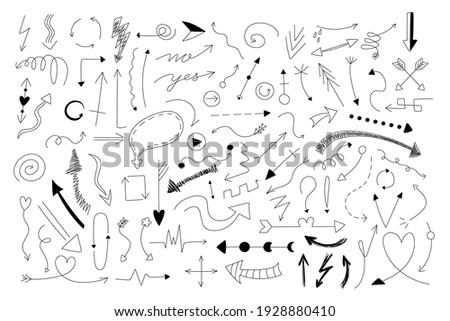 Doodle arrows. Hand draw minimal thin line arrows design template, business cursor collection for presentation and infographic. Vector set Royalty-Free Stock Photo #1928880410