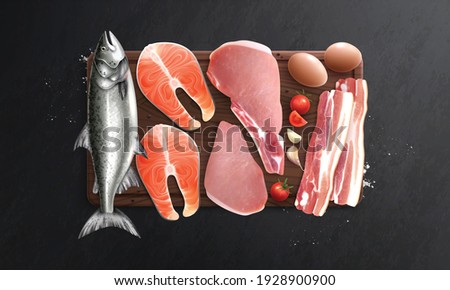 Meat fish eggs realistic composition with top view of wooden cutting board with meal ingredients images vector illustration