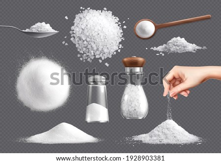 Salt realistic set of isolated icons piles of edible salt of different fracture with salt cellars vector illustration Royalty-Free Stock Photo #1928903381