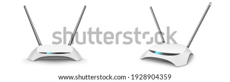 Wifi router, wireless broadband modem with antennas in front and perspective view. Vector realistic mockup of Ethernet router for network connection and Internet access isolated on white background Royalty-Free Stock Photo #1928904359
