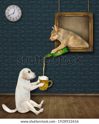 A beige dog is leaning out of the picture and pouring beer for his friend at an art gallery.