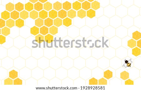 Beehive honeycomb with hexagon grid cells and bee cartoon background vector illustration. Royalty-Free Stock Photo #1928928581