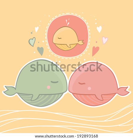 Cute whales family in love thinking about baby. Vector illustration on abstract background