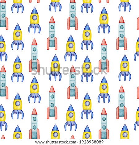Watercolor rocket seamless pattern. Space shuttle rocket hand drawn pattern. Design for nursery room, wallpapers, textile, decoration, wrapping paper. Different rockets isolated on white background.