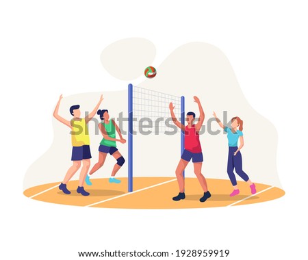 Concept illustration of playing volleyball. Men and women playing volleyball on the court, Teamwork sports. People playing volleyball together, sport, healthy lifestyle. Vector in a flat style